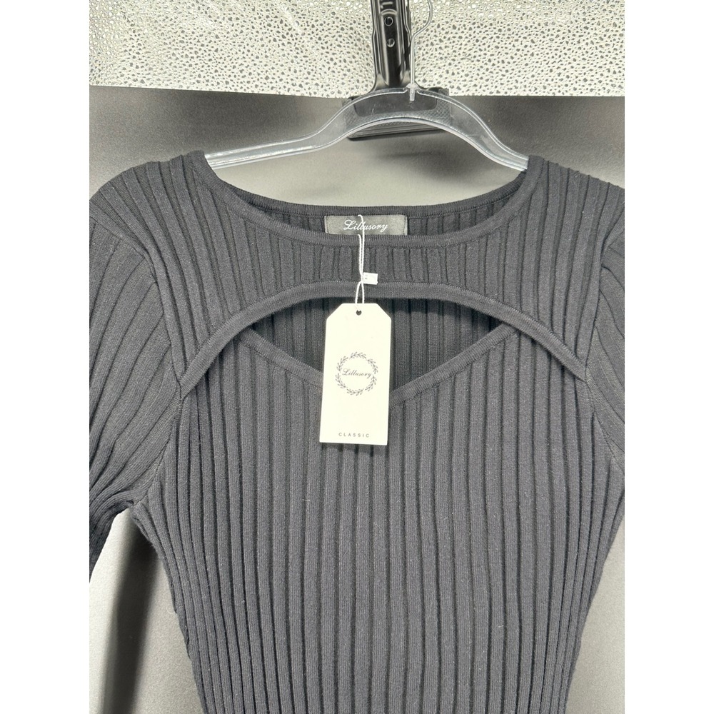 Lillusory Black Ribbed Long Sleeve Cutout Front Bodycon Midi Dress - Picture 6 of 6